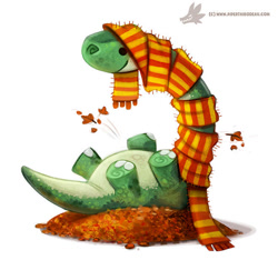 Size: 660x618 | Tagged: safe, artist:cryptid-creations, apatosaurus, dinosaur, sauropod, feral, 2015, ambiguous gender, autumn, clothes, leaf, lying down, on back, scarf, simple background, smiling, solo, solo ambiguous, white background