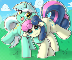 Size: 1030x852 | Tagged: safe, artist:llametsul, bon bon (mlp), lyra heartstrings (mlp), earth pony, equine, fictional species, mammal, pony, unicorn, feral, friendship is magic, hasbro, my little pony, atg 2023, blushing, couple, cute, duo, duo female, eyelashes, female, female/female, females only, feral/feral, hair, heart, heart eyes, horn, hug, love, lyrabon (mlp), mane, mare, newbie artist training grounds, open mouth, open smile, shipping, smiling, tail, tongue, tongue out, wavy mouth, wingding eyes