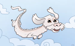 Size: 1024x632 | Tagged: safe, artist:arta01, dragon, eastern dragon, fictional species, feral, 2d, cloud, day, falkor (the neverending story), flying, looking at you, male, open mouth, signature, sky, solo, solo male, the neverending story