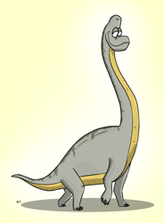 Size: 1000x1360 | Tagged: safe, artist:arta01, brachiosaurus, dinosaur, sauropod, feral, 2d, ambiguous gender, front view, gradient background, looking at you, signature, smiling, smiling at you, solo, solo ambiguous, three-quarter view, walking