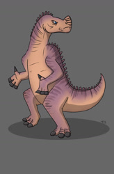 Size: 1024x1564 | Tagged: safe, artist:arta01, dinosaur, iguanodon, reptile, feral, dinosaur (disney film), disney, 2d, frowning, gray background, kron (disney's dinosaur), looking back, male, signature, simple background, solo, solo male, standing