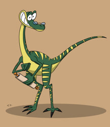 Size: 1024x1183 | Tagged: safe, artist:arta01, dinosaur, theropod, troodon, feral, 2d, brown background, dinotopia, front view, glasses, grin, holding, holding object, looking at you, male, scroll, signature, simple background, smiling, smiling at you, solo, solo male, spectacles, standing, three-quarter view, zippo (dinotopia)