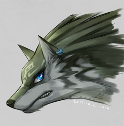 Size: 800x816 | Tagged: safe, artist:lulubuu, link (wolf form), link (zelda), canine, mammal, wolf, ambiguous form, nintendo, the legend of zelda, the legend of zelda: twilight princess, 2017, 2d, bust, looking at you, male, side view, signature, solo, solo male