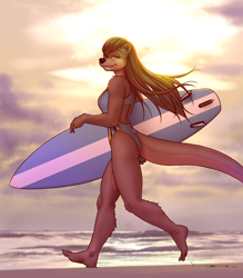 Size: 3500x4000 | Tagged: safe, artist:mykegreywolf, oc, oc only, oc:nat (mykegreywolf), mammal, mustelid, otter, anthro, 2023, 2d, barefoot, beach, bedroom eyes, big breasts, big butt, breasts, butt, claws, clothes, feet, female, footprint, looking at you, ocean, one-piece swimsuit, seaside, sky, smiling, smiling at you, soles, solo, solo female, sun, surfboard, swimsuit, thick thighs, thighs, toe claws, toes, walking, water