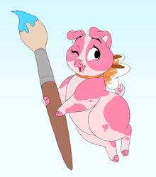 Size: 932x1057 | Tagged: safe, artist:prettypinkpony, mammal, pig, suid, feral, 2023, 2d, cute, female, gradient background, holding, holding object, looking at you, one eye closed, open mouth, open smile, paintbrush, smiling, smiling at you, solo, solo female, sow, winking