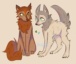 Size: 1952x1654 | Tagged: safe, artist:vixenskull, mebh mactire (wolfwalkers), robyn goodfellowe (wolfwalkers), canine, mammal, wolf, feral, cartoon saloon, wolfwalkers, 2d, blue eyes, brown body, brown fur, cute, duo, duo female, female, females only, fur, gray body, gray fur, green eyes, heart, looking at each other, sitting, smiling, standing