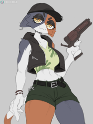 Size: 1661x2218 | Tagged: safe, artist:cooliehigh, meow skulls (fortnite), calico, cat, feline, mammal, anthro, fortnite, 2023, :3, baseball cap, bottomwear, bracelet, breasts, cap, clothes, crop top, ear piercing, female, flat colors, fur, gun, handgun, hat, headwear, jewelry, lidded eyes, looking at you, midriff, multicolored fur, piercing, short shorts, shorts, simple background, smiling, solo, solo female, tank top, topwear, two toned body, two toned fur, vest, weapon