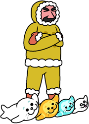 Size: 548x763 | Tagged: safe, artist:noizihonni, captain tuck (rhythm heaven), human, mammal, seal, feral, nintendo, rhythm heaven, ambiguous gender, clothes, crossed arms, derp, group, male, mustache, simple background, size difference, tongue, tongue out, white background, winter outfit