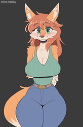 Size: 842x1280 | Tagged: safe, artist:cooliehigh, zoologist (terraria), canine, fox, mammal, anthro, terraria, 2022, arm under breasts, bedroom eyes, big breasts, blushing, bottomwear, breasts, clothes, digital art, ears, eyelashes, female, flat colors, fur, hair, looking at you, pants, shirt, simple background, solo, solo female, tail, thighs, topwear, vixen, wide hips