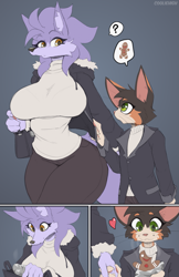 Size: 1547x2382 | Tagged: safe, artist:cooliehigh, oc, oc only, oc:biscuit (cooliehigh), oc:lucy (cooliehigh), calico, canine, cat, feline, mammal, wolf, anthro, 2023, big breasts, bottomwear, breasts, clothes, comic, cookie, digital art, duo, duo male and female, ears, eating, eyelashes, female, flat colors, food, fur, gingerbread cookie, hair, handbag, male, mother, mother and child, mother and son, pants, shirt, simple background, son, tail, thighs, topwear, wide hips