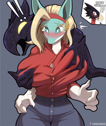 Size: 2110x2500 | Tagged: suggestive, artist:cooliehigh, fumikage tokoyami (my hero academia), reptile, anthro, my hero academia (series), 2022, blushing, bottomwear, breast grab, breasts, clothes, digital art, duo, duo male and female, ears, eyelashes, female, grope, hair, huge breasts, ippan josei (my hero academia), male, molestation, pants, shirt, simple background, tail, thighs, topwear, wide hips