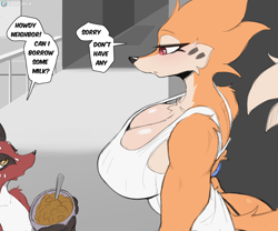 Size: 3000x2500 | Tagged: suggestive, artist:cooliehigh, buizel, fictional species, mammal, nickit, anthro, nintendo, pokémon, 2023, blushing, breasts, cereal, clothes, detailed background, dialogue, digital art, duo, duo male and female, ears, eyelashes, female, flat colors, hair, huge breasts, looking at each other, male, nipple outline, shirt, side view, sideboob, speech bubble, tail, talking, text, thighs, topwear, wide hips