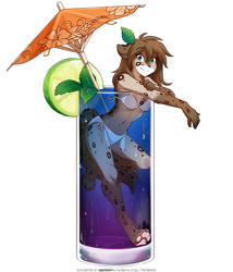 Size: 1095x1280 | Tagged: safe, alternate version, artist:twokinds, kat (twokinds), fictional species, keidran, mammal, anthro, twokinds, 2023, alcohol, brown body, brown fur, brown hair, cocktail, cocktail garnish, cocktail glass, cocktail umbrella, digital art, drink, ears, female, fur, glass, green eyes, hair, looking at you, paw pads, paws, simple background, solo, solo female, spots, spotted fur, white background
