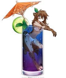 Size: 1095x1280 | Tagged: safe, alternate version, artist:twokinds, kat (twokinds), fictional species, keidran, mammal, anthro, twokinds, 2023, alcohol, brown body, brown fur, brown hair, cocktail, cocktail garnish, cocktail glass, cocktail umbrella, digital art, drink, female, fur, green eyes, hair, looking at you, paw pads, paws, simple background, solo, solo female, spots, spotted fur, transparent background