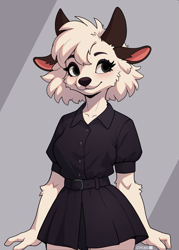 Size: 1321x1847 | Tagged: safe, artist:azoomer, oc, oc only, bovid, goat, mammal, anthro, 2023, belt, bottomwear, clothes, female, horns, shirt, simple background, skirt, solo, solo female, topwear