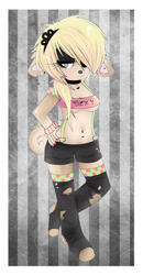 Size: 397x763 | Tagged: suggestive, artist:wuhvly, oc, oc only, canine, dog, mammal, anthro, 2012, beige fur, belly button, black shorts, blonde hair, bottomwear, bracelet, breasts, choker, clothes, clothes writing, crop top, curled tail, dog ears, ear piercing, emo, eyelashes, female, hair, hair over one eye, jewelry, makeup, midriff, nail polish, piercing, pink nails, scene fashion, short hair, short shorts, shorts, solo, solo female, sonic oc, suspenders, tail, topwear, tube top, underboob