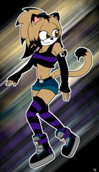 Size: 827x1432 | Tagged: safe, artist:lillithmalice, oc, oc:marie the cat (lillithmalice), cat, feline, mammal, anthro, alternate outfit, arm warmers, beige fur, belly button, black highlights, bottomwear, brown eyes, cat ears, cat tail, clothes, crop top, female, hair, legwear, midriff, ponytail, punk, scene fashion, short shorts, shorts, socks, solo, solo female, sonic oc, striped clothes, striped legwear, topwear