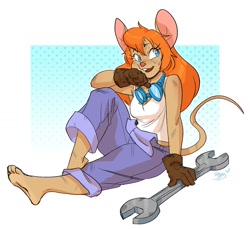 Size: 1200x1100 | Tagged: safe, artist:rayjay, gadget hackwrench (chip 'n dale: rescue rangers), mammal, mouse, rodent, anthro, chip 'n dale: rescue rangers, disney, barefoot, big breasts, blue eyes, breasts, buckteeth, clothes, feet, female, gloves, hair, open mouth, open smile, red hair, sitting, smiling, soles, solo, solo female, sweat, teeth, thick thighs, thighs, toes