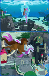 Size: 1920x2971 | Tagged: safe, artist:roxlyde-art, oc, oc only, oc:aquamorph, oc:starron, equine, fictional species, fish, horse, hybrid, mammal, merpony, monster, pony, sea monster, seapony, unicorn, feral, friendship is magic, hasbro, my little pony, brown eyes, brown hair, brown mane, brown tail, bubble, chest fluff, commission, coral, cute, digital art, dorsal fin, duo, female, fins, fish tail, flowing mane, flowing tail, fluff, fur, hair, happy, hooves, horn, looking down, male, male/female, mane, ocean, open mouth, open smile, rock, scales, scenery, scenery porn, seaweed, signature, smiling, smiling at each other, stallion, sunbeam, sunlight, swimming, tail, town, underwater, water, yellow eyes