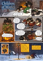 Size: 1280x1816 | Tagged: safe, artist:zummeng, bovid, cervid, deer, goat, mammal, reindeer, anthro, comic:children of winter, bed, bedroom eyes, black hair, boots, branches, brother, brother and sister, clothes, cold, comic, daughter, female, fire, fireplace, gloves, green eyes, group, hair, hazel eyes, hood, hoodie, horns, kneeling, lantern, light, male, mother, mother and child, mother and daughter, mother and son, night, night sky, open mouth, pillow, sad, shoes, siblings, sick, sister, sky, snow, snowfall, son, street lamp, sweat, table, topwear, toy, trio, village, window, winter
