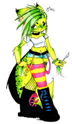 Size: 363x624 | Tagged: species needed, safe, artist:tomoko-nyo, oc, oc:gnat (tomoko-nyo), ambiguous species, anthro, 2009, belly button, bracelet, choker, clothes, crop top, cropped shirt, ear piercing, female, fishnet, green hair, hair, jewelry, legwear, micro shorts, midriff, mismatched legwear, piercing, ring, see-through, short hair, solo, solo female, striped clothes, striped legwear, suspenders, suspenders down, tail, topwear, torn clothes, white shirt