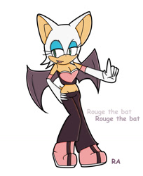 Size: 828x1017 | Tagged: safe, artist:irava, rouge the bat (sonic), bat, mammal, sega, sonic the hedgehog (series), 2006, alternate design, alternate outfit, bat ears, bat wings, blue eyeshadow, character name, clothes, crop top, evening gloves, eyelashes, female, fur, gloves, green eyes, hand on hip, long gloves, midriff, pants, solo, solo female, text, tight clothing, topwear, webbed wings, white body, white fur, wings, yoga pants
