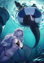 Size: 1178x1684 | Tagged: suggestive, artist:iwbitu, oc, oc only, cetacean, fish, mammal, orca, shark, anthro, 2023, beach, belly button, bikini, breasts, butt, clothes, detailed background, duo, duo female, ears, eyelashes, faceless female, female, female focus, females only, fins, fish tail, floating, fur, hair, ocean, offscreen character, one-piece swimsuit, scales, shark tail, sharp teeth, solo focus, swimming, swimsuit, tail, teeth, thighs, underwater, water, wide hips