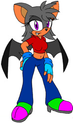 Size: 808x1364 | Tagged: safe, artist:sonicguru, oc, oc only, bat, mammal, bat ears, bat wings, belly button, blue gloves, clothes, commission, crop top, cropped shirt, denim, female, fingerless gloves, fur, gloves, gray body, gray fur, hair, hand on hip, jeans, midriff, pants, purple eyes, red shirt, solo, solo female, sonic oc, topwear, webbed wings, wings