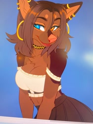 Size: 1536x2048 | Tagged: safe, artist:ei-ka, oc, oc only, canine, doberman, dog, mammal, anthro, 2023, big breasts, blue eyes, bottomwear, breasts, brown body, brown fur, brown hair, cleavage, clothes, crop top, digital art, ear piercing, earring, ears, eyelashes, female, fur, hair, heterochromia, orange eyes, piercing, pink nose, simple background, skirt, solo, solo female, tail, tank top, thighs, topwear, wide hips