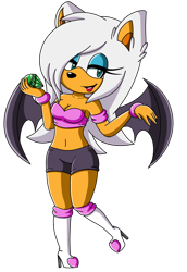 Size: 828x1202 | Tagged: safe, artist:xmissfabulousx, rouge the bat (sonic), bat, mammal, sega, sonic the hedgehog (series), alternate hairstyle, alternate outfit, bat ears, bat wings, belly button, blue eyes, blue eyeshadow, boots, bottomwear, chaos emerald, clothes, crop top, female, fur, hair, hair over one eye, high heel boots, high heels, midriff, shoes, short shorts, shorts, simple background, solo, solo female, topwear, transparent background, webbed wings, white body, white fur, wings