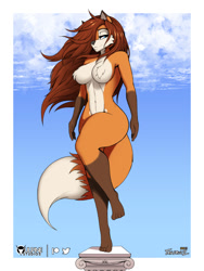Size: 900x1200 | Tagged: suggestive, artist:tailsrulz, oc, oc only, canine, fox, mammal, anthro, digitigrade anthro, 2023, border, breasts, covering crotch, detailed background, digital art, ears, eyelashes, female, fluff, fur, hair, looking at you, nipple fluff, pose, solo, solo female, tail, thighs, vixen, white border, wide hips