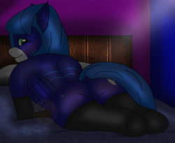 Size: 6400x5233 | Tagged: suggestive, artist:annette62, oc, oc only, oc:annette (lewdpone), equine, fictional species, mammal, pegasus, pony, hasbro, my little pony, my little pony g5, bedroom, bedroom eyes, blue body, blue fur, blue hair, butt, clothes, dock, female, freckles, fur, g5 oc, green eyes, hair, indoors, looking at you, looking back, looking back at you, presenting, sexy, socks, solo, solo female, tail