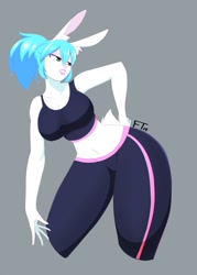 Size: 914x1280 | Tagged: safe, artist:bdoodz, oc, oc only, lagomorph, mammal, rabbit, anthro, belly button, blue hair, bunny ears, bunny tail, clothes, crop top, female, fur, green eyes, hair, hand on hip, midriff, pants, pink nose, ponytail, solo, solo female, sports bra, tight clothing, topwear, white body, white fur, wide hips, yoga pants