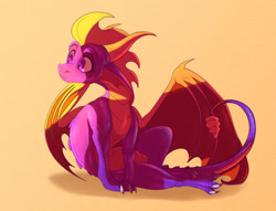 Size: 828x631 | Tagged: safe, artist:plaguedogs123, spyro the dragon (spyro), dragon, fictional species, western dragon, feral, spyro the dragon (series), 2023, 2d, curious, cute, looking at something, male, orange background, simple background, sitting, solo, solo male