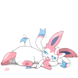 Size: 960x960 | Tagged: safe, artist:tontaro, eeveelution, fictional species, mammal, sylveon, nintendo, pokémon, 2023, 2d, 2d animation, ambiguous gender, animated, black nose, blue sclera, casual nudity, colored sclera, complete nudity, cute, digital art, ears, emanata, fur, gif, hot, nudity, open mouth, paw pads, paws, ribbon, signature, solo, solo ambiguous, summer, sweat, tail, thighs, tongue