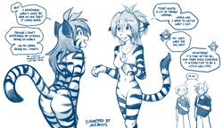Size: 2240x1280 | Tagged: safe, artist:twokinds, flora (twokinds), trace (twokinds), fictional species, human, keidran, mammal, twokinds, breasts, butt, dialogue, digital art, ears, featureless breasts, featureless crotch, female, fur, hair, jewelry, monochrome, necklace, nudity, self paradox, simple background, speech bubble, tail, talking, text, white background