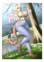 Size: 764x1082 | Tagged: safe, artist:pakwan008, oc, oc only, feline, mammal, saber-toothed cat, anthro, 2019, belly button, big breasts, boots, bottomwear, breasts, clothes, commission, crop top, detailed background, digital art, ears, eyelashes, fangs, female, fur, hair, pants, pink nose, sharp teeth, shirt, shoes, solo, solo female, tail, teeth, thighs, topwear, wide hips
