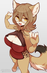 Size: 1200x1827 | Tagged: safe, artist:chickenpres, oc, oc only, canine, coyote, fox, mammal, anthro, 2023, bedroom eyes, big breasts, bottomwear, breasts, cleavage window, clothes, commission, dress, ears, eyelashes, female, glasses, hair, looking at you, looking up, looking up at you, open mouth, round glasses, simple background, solo, solo female, tail, thighs, tongue, wide hips