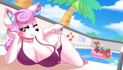 Size: 1600x923 | Tagged: suggestive, artist:alfa995, diana (animal crossing), fauna (animal crossing), cervid, deer, mammal, anthro, unguligrade anthro, animal crossing, nintendo, 2023, bedroom eyes, big breasts, bikini, black nose, blue bikini, blue swimsuit, breast squish, breasts, clothes, cloven hooves, detailed background, digital art, duo, duo female, ear fluff, ears, eyelashes, female, females only, fluff, fur, hair, heart, heart eyes, hooves, looking at you, one eye closed, poolside, pose, purple bikini, purple swimsuit, swimming pool, swimsuit, tail, thighs, undressing, wide hips, wingding eyes