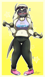 Size: 500x850 | Tagged: safe, artist:fredory, oc, absol, fictional species, mammal, anthro, nintendo, pokémon, wii, > <, belly button, blushing, clothes, crop top, dumbbells, female, fur, hair, midriff, pants, pink shoes, solo, solo female, sweat, sweatband, tank top, tight clothing, topwear, very long hair, weight lifting, white body, white fur, white hair, wii sports, workout, workout clothes, yoga pants