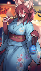 Size: 3040x5280 | Tagged: safe, artist:suurin_2, oc, oc only, canine, fox, mammal, anthro, 2023, banana, black nose, blushing, breasts, detailed background, ears, eyelashes, female, food, fruit, hair, japan, kemono, kimono (clothing), looking at you, solo, solo female, tail, thick thighs, thighs, wide hips
