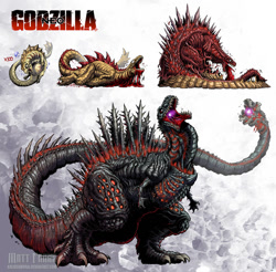 Size: 901x887 | Tagged: safe, artist:kaijusamurai, godzilla (godzilla), fictional species, kaiju, monster, godzilla (series), 2018, blood, claws, full body, long tail, mutation, open mouth, shin godzilla (godzilla), spikes, tail