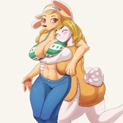 Size: 2500x2500 | Tagged: safe, artist:cooliehigh, carrot (one piece), wanda (one piece), canine, dog, fictional species, lagomorph, mammal, mink tribe, rabbit, anthro, one piece, 2020, arm under breasts, belly button, big breasts, big butt, bikini, bikini top, black nose, blushing, bottomwear, breast squish, breasts, butt, clothes, cuddling, dress, duo, duo female, ears, eyelashes, eyes closed, female, females only, friends, fur, hair, hairband, hug, hug from behind, hugging from behind, lifting breasts, pants, rear view, short tail, sideboob, smiling, swimsuit, tail, thick thighs, thighs, wide hips