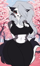 Size: 1497x2462 | Tagged: safe, artist:andromeda-james, loona (vivzmind), canine, fictional species, hellhound, mammal, anthro, hazbin hotel, helluva boss, 2023, belly button, black nose, bottomwear, breasts, clothes, colored sclera, crop top, digital art, ears, eyelashes, female, fur, hair, hair over one eye, midriff, pants, plant, red sclera, solo, solo female, tail, tank top, thighs, topwear, tree, wide hips