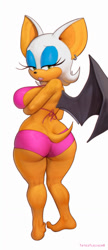 Size: 553x1280 | Tagged: safe, artist:totesfleisch8, rouge the bat (sonic), bat, mammal, anthro, sega, sonic the hedgehog (series), 2022, bat wings, bedroom eyes, big breasts, bikini, breasts, butt, clothes, ears, eyelashes, female, fur, hair, looking at you, looking back, looking back at you, rear view, sideboob, simple background, solo, solo female, swimsuit, tail, thighs, webbed wings, white background, wide hips, wings