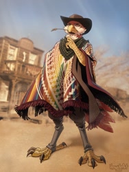 Size: 900x1200 | Tagged: safe, artist:howliteart, oc, oc only, bird, bird of prey, eagle, anthro, digitigrade anthro, 2023, beak, claws, clothes, cowboy hat, detailed background, feathers, featured image, hat, headwear, male, solo, solo male, tail, tail feathers, talons