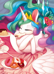 Size: 800x1098 | Tagged: safe, artist:ciciya, part of a set, princess celestia (mlp), alicorn, equine, fictional species, mammal, pony, feral, friendship is magic, hasbro, my little pony, 2015, 2d, crown, cute, dessert, doughnut, eating, eyes closed, female, flan, flower, flower in hair, food, fur, hair, hair accessory, happy, headwear, horn, ice cream, ice cream bar, jewelry, mare, multicolored mane, pixiv, plant, pudding, regalia, solo, solo female, summer, white body, white fur, wings