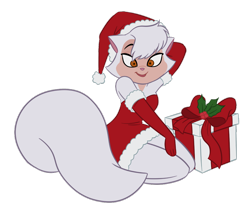 Size: 1280x1076 | Tagged: safe, artist:missmariefurart, sawyer (cats don't dance), cat, feline, mammal, anthro, cats don't dance, warner brothers, 2d, christmas, clothes, female, gift, hat, headwear, holiday, kneeling, looking at you, santa hat, simple background, smiling, smiling at you, solo, solo female, transparent background