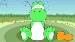 Size: 1280x720 | Tagged: suggestive, artist:stretchsabe, yoshi (mario), fictional species, yoshi (species), anthro, plantigrade anthro, mario (series), nintendo, barefoot, feet, fetish, foot fetish, foot focus, shoes removed, soles, toes