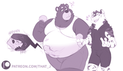 Size: 2251x1319 | Tagged: safe, artist:that_j, bear, big cat, feline, mammal, tiger, anthro, belly, belly button, bulge, entrapment, fat, fatfur, food, fupa, hidden, hide, hot, ice cream, ice cream cone, inescapable, laughing, micro, moobs, moonbear, muffling, mundane, slightly chubby, smooshing, smothered, squish, squished, squishing, stripes, sweat, tucked, unaware